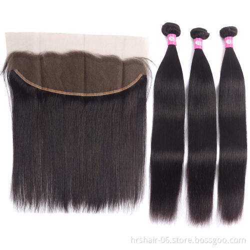 remy brazilian human hair bundles with lace frontals 13*4  real virgin cuticle aligned hair natural black 100% human weaving